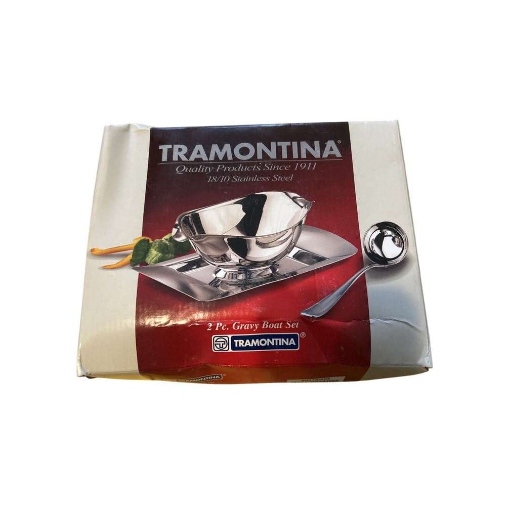 Tramontina 18/10 Stainless Steel 2 Pc Gravy Boat Set with Ladle 80212/404 Brazil